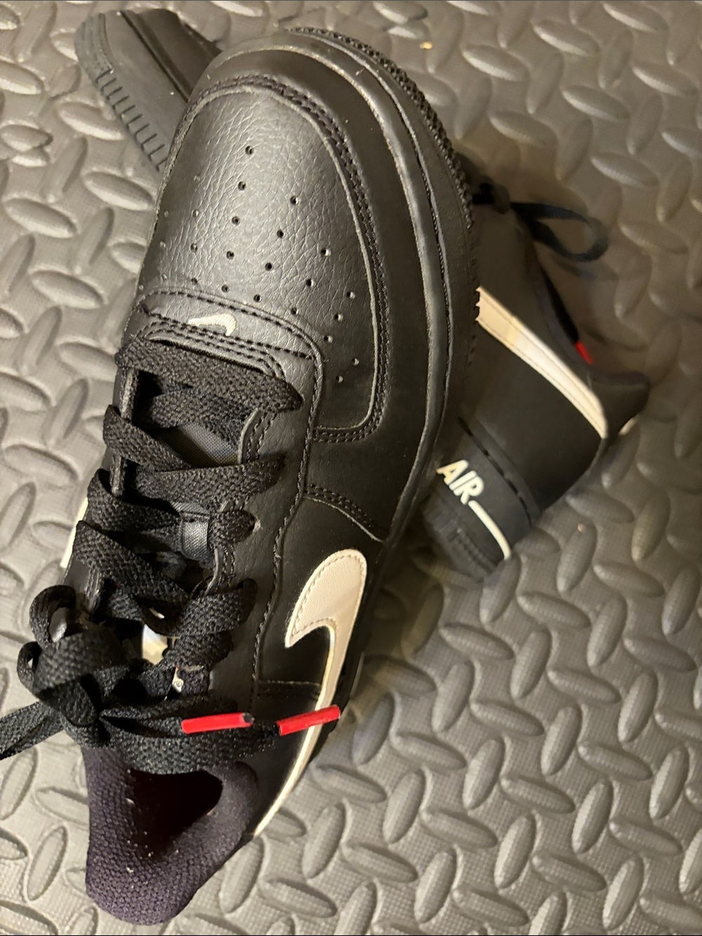 Nike Air Force 1 Low Kids Black Sneakers with White Swoosh and Red Interior - Picture 6 of 13